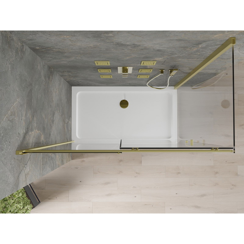 Mexen Omega cabina de ducha deslizante 140 x 70 cm, transparente, dorada + plato de ducha Flat - 825-140-070-50-00-4010