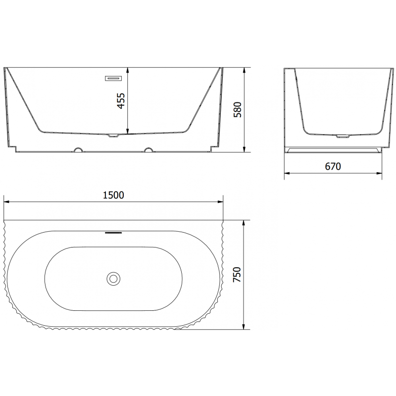 Mexen Sella vrijstaande badkuip aan de wand geribbeld 150 x 75 cm, wit glans, overloop geborsteld koper - 52711507500-65