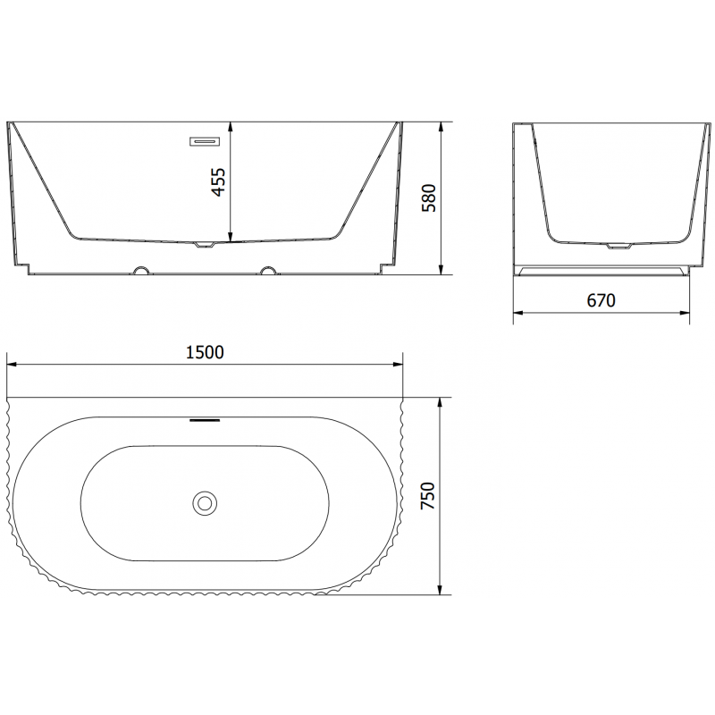 Mexen Sella vasca da bagno indipendente addossata scanalata 150 x 75 cm, bianco lucido, troppopieno gun metal - 52711507500-95