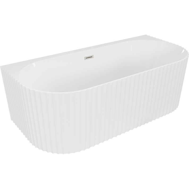 Mexen Sella banheira independente de parede canelada 150 x 75 cm, branco brilhante, transbordamento de níquel escovado