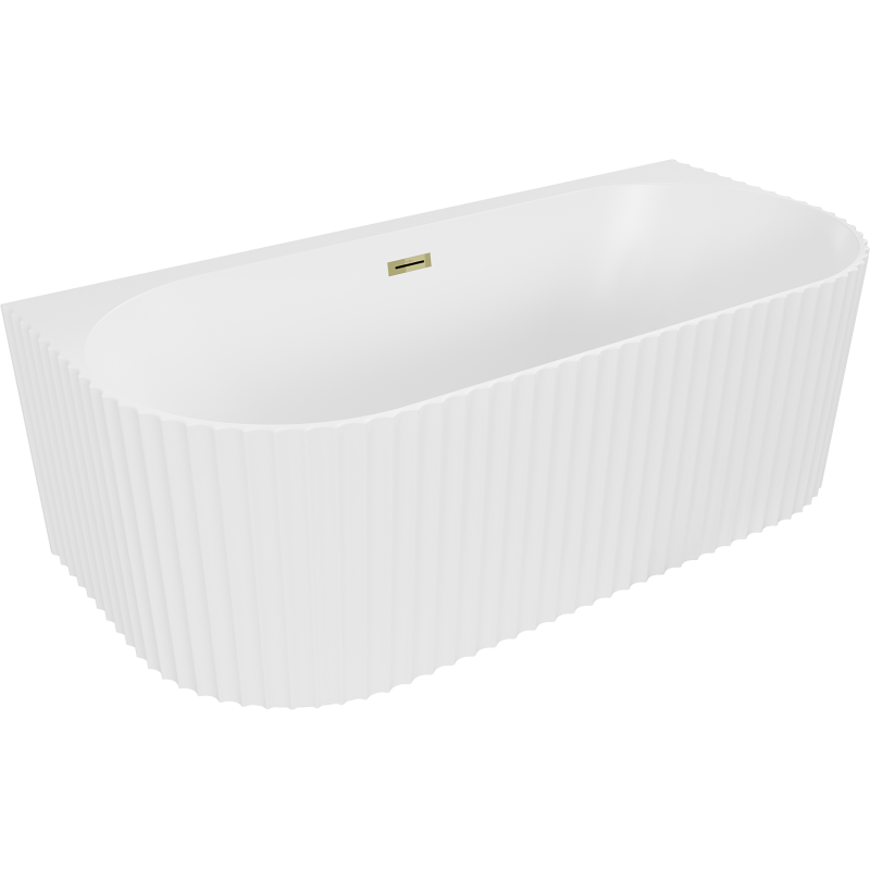 Mexen Sella freistehende wandnahe gerillte Badewanne 150 x 75 cm, weiß matt, Überlauf gold - 52711507501-50