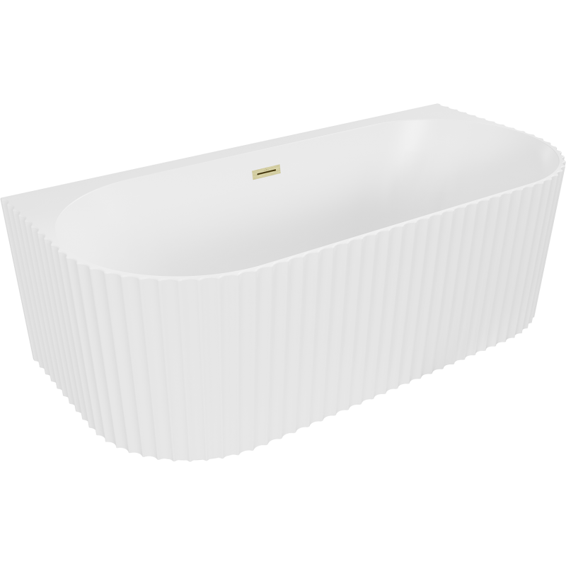 Mexen Sella banheira independente encastrável com ranhuras 150 x 75 cm, branco mate, transbordo dourado escovado