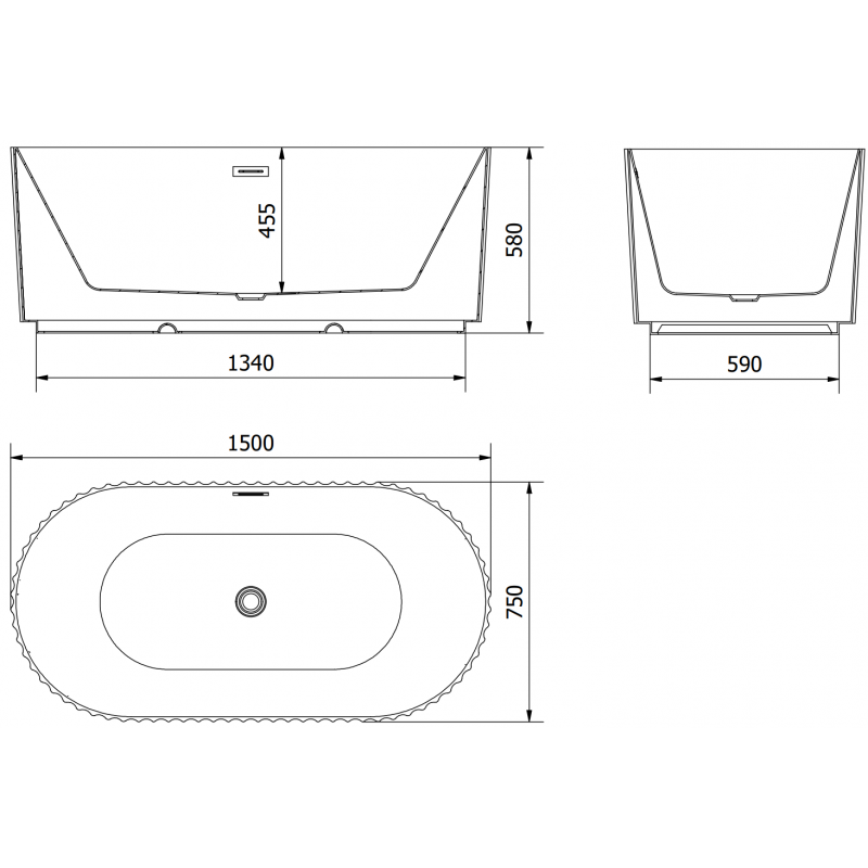 Mexen Paola freestanding grooved bath 150 x 75 cm, white matte, black overflow - 52721507501-70