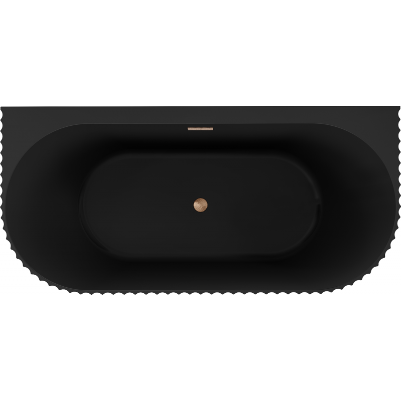 Mexen Sella vasca da bagno autoportante a parete con scanalature 150 x 75 cm, nero opaco, troppo pieno in rame spazzolato