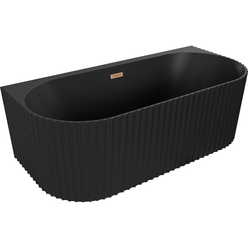 Mexen Sella bañera independiente adosada con estrías 150 x 75 cm, negra mate, rebosadero de cobre cepillado - 52711507571-65