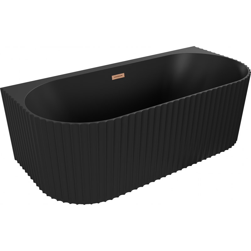 Mexen Sella freistehende geriffelte wandnahe Badewanne 150 x 75 cm, schwarz matt, Überlauf gebürstetes Kupfer - 52711507571-65