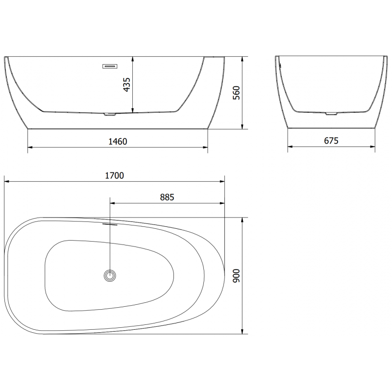 Mexen Giada free-standing bath 170 x 90 cm, white gloss, overflow gun gray brushed - 52741709000-66