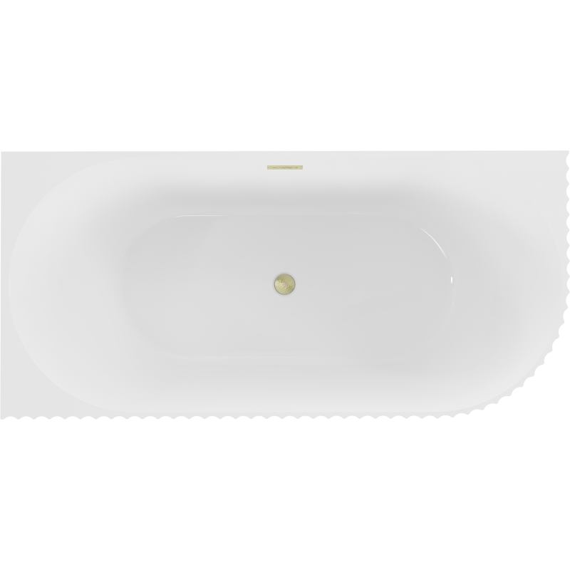 Mexen Gia banheira independente de canto canelada esquerda 150 x 75 cm, branca brilhante, transbordo dourado escovado