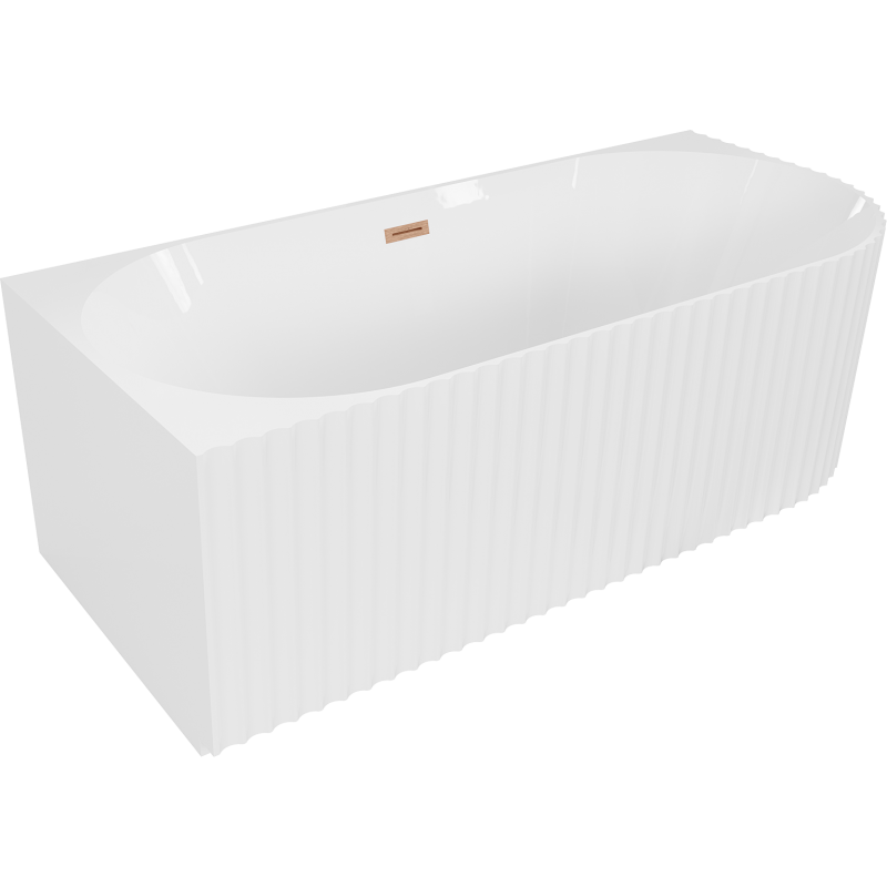 Mexen Gia freistehende Eckbadewanne geriffelt links 150 x 75 cm, weiß glänzend, Überlauf gebürstetes Kupfer - 52701507500L-65