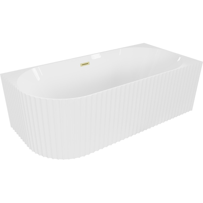 Mexen Gia baignoire autoportante d'angle rainurée droite 150 x 75 cm, blanc brillant, trop-plein brossé doré