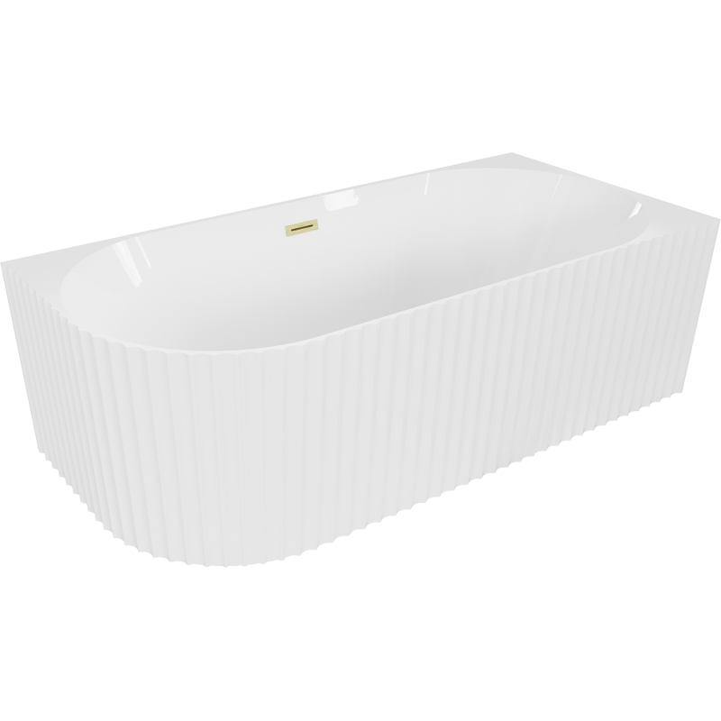 Mexen Gia freistehende Eckbadewanne, geriffelt, rechts 150 x 75 cm, weiß glänzend, Überlauf gold gebürstet - 52701507500P-55