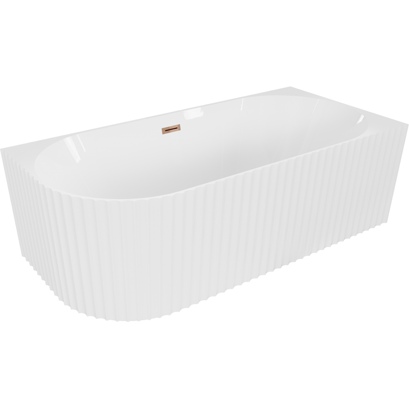 Mexen Gia freistehende Eckbadewanne gerieft rechts 150 x 75 cm, weiße Glanz, Überlauf Roségold - 52701507500P-60