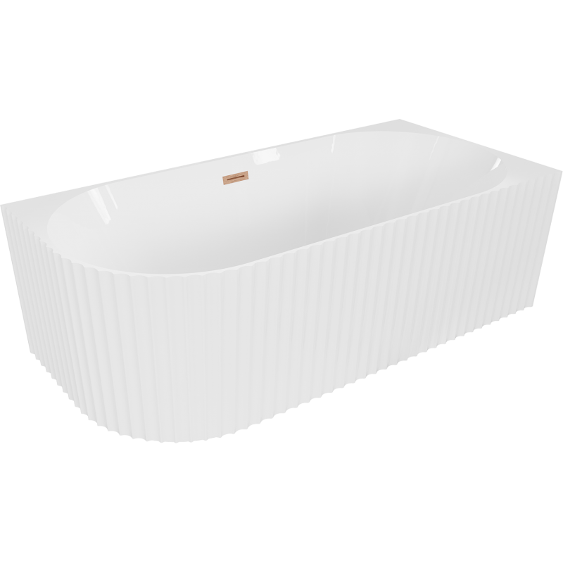 Mexen Gia baignoire autoportante d'angle striée droite 150 x 75 cm, blanc brillant, trop-plein cuivre brossé - 52701507500P-65