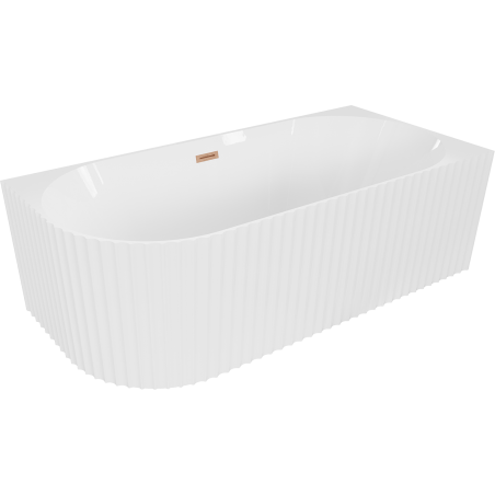 Mexen Gia freistehende, gerillte Eckbadewanne rechts 150 x 75 cm, weiß glänzend, Überlauf gebürstetes Kupfer - 52701507500P-65