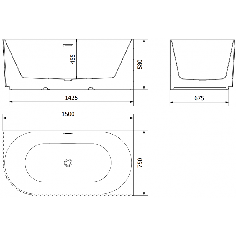Mexen Gia freistehende Eckbadewanne gerillt rechts 150 x 75 cm, weiß matt, Überlauf gold gebürstet - 52701507501P-55