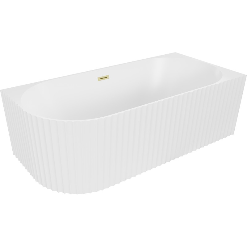 Mexen Gia Eckfreistehende gerillte Badewanne rechts 150 x 75 cm, weiß matt, Überlauf gold gebürstet - 52701507501P-55