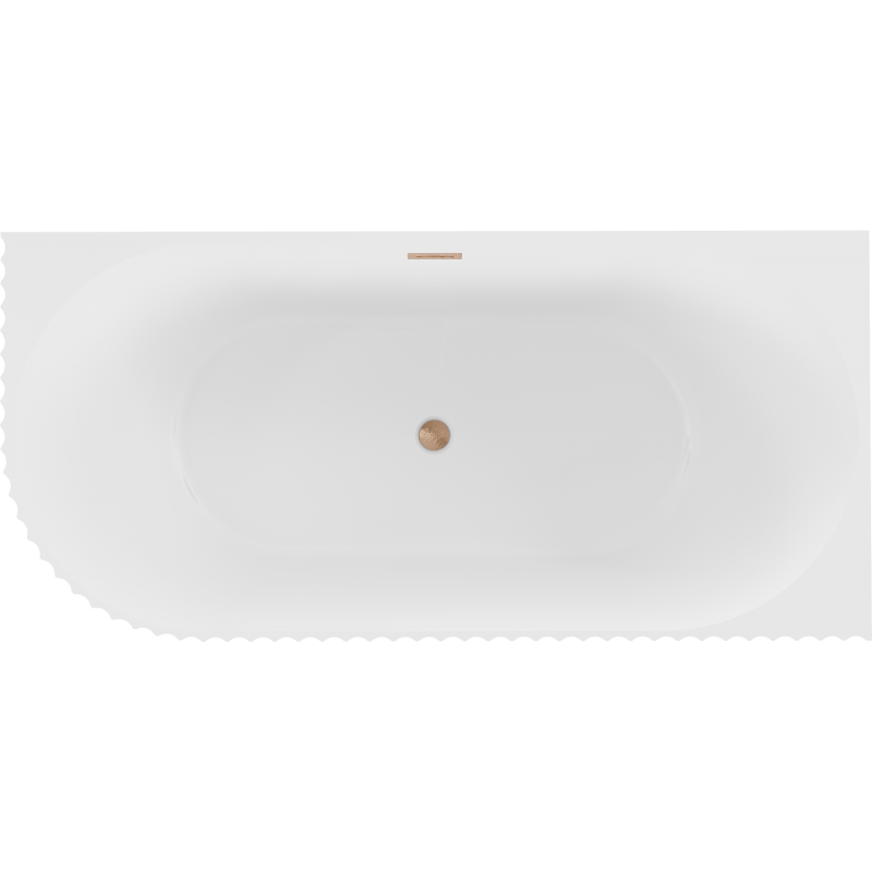Mexen Gia banheira independente de canto ranhurada direita 150 x 75 cm, branco mate, transbordamento em cobre escovado