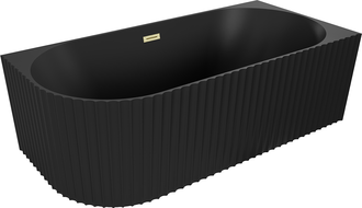 Mexen Gia freistehende Eckbadewanne rechts geriffelt 150 x 75 cm, schwarz matt, Überlauf gold gebürstet - 52701507571P-55