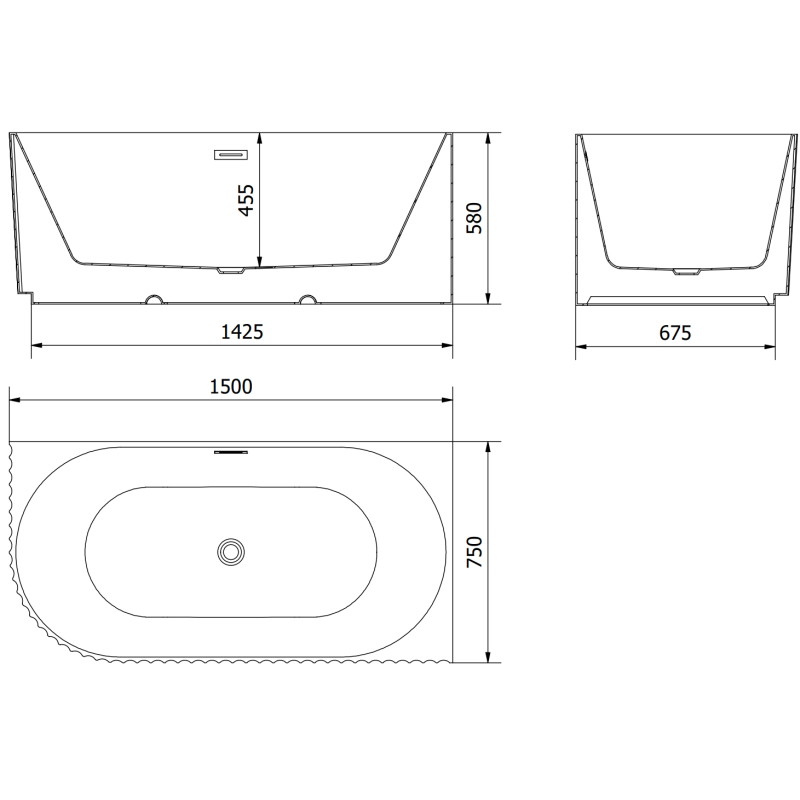 Mexen Gia freistehende, rechteckige Eckbadewanne, geriffelt, rechts 150 x 75 cm, schwarz matt, Überlauf gun gray gebürstet