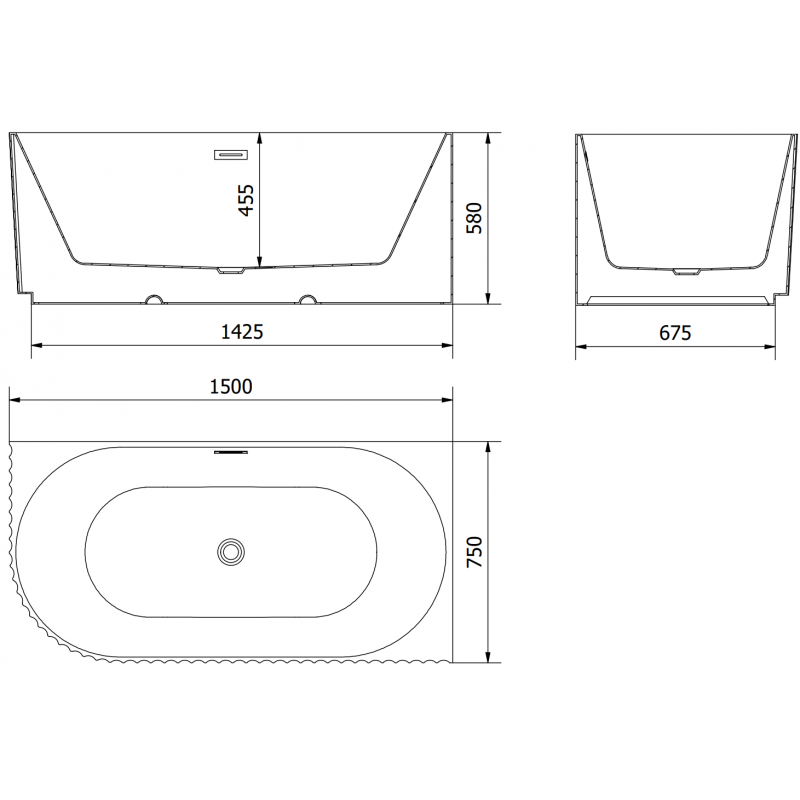 Mexen Gia vapaasti seisova kulmasisustus amme oikea 150 x 75 cm, musta matta, musta ylivuoto - 52701507571P-70