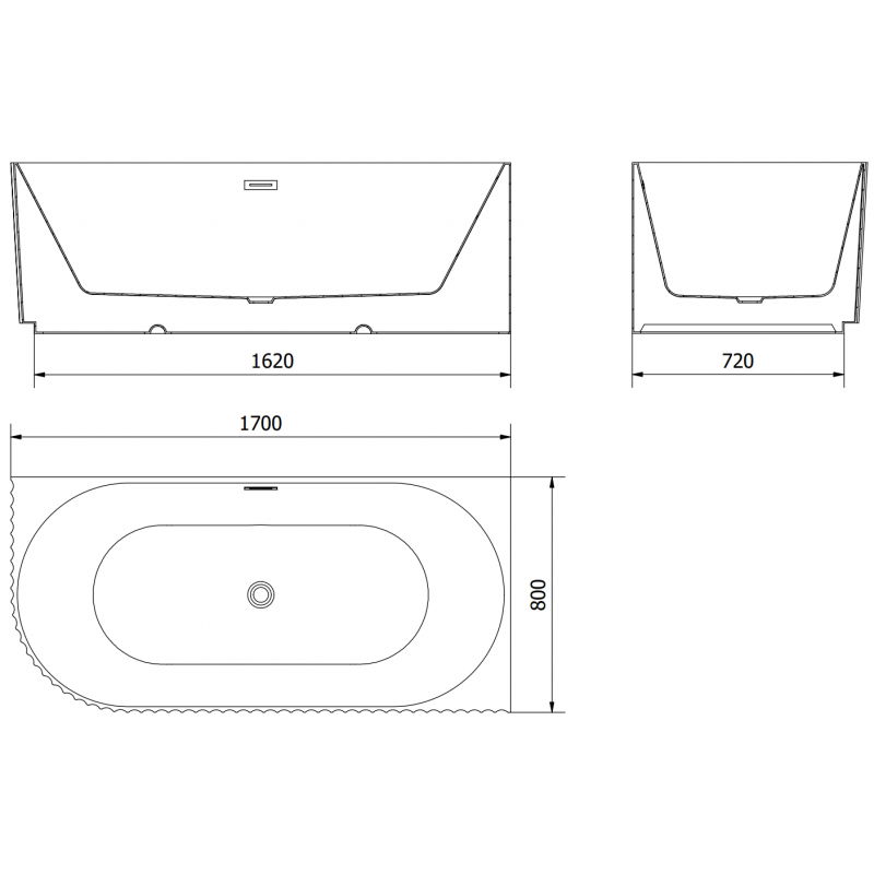 Mexen Gia freistehende Eckbadewanne geriffelt rechts 170 x 80 cm, weiß glänzend, Überlauf chrom - 52701708000P-01