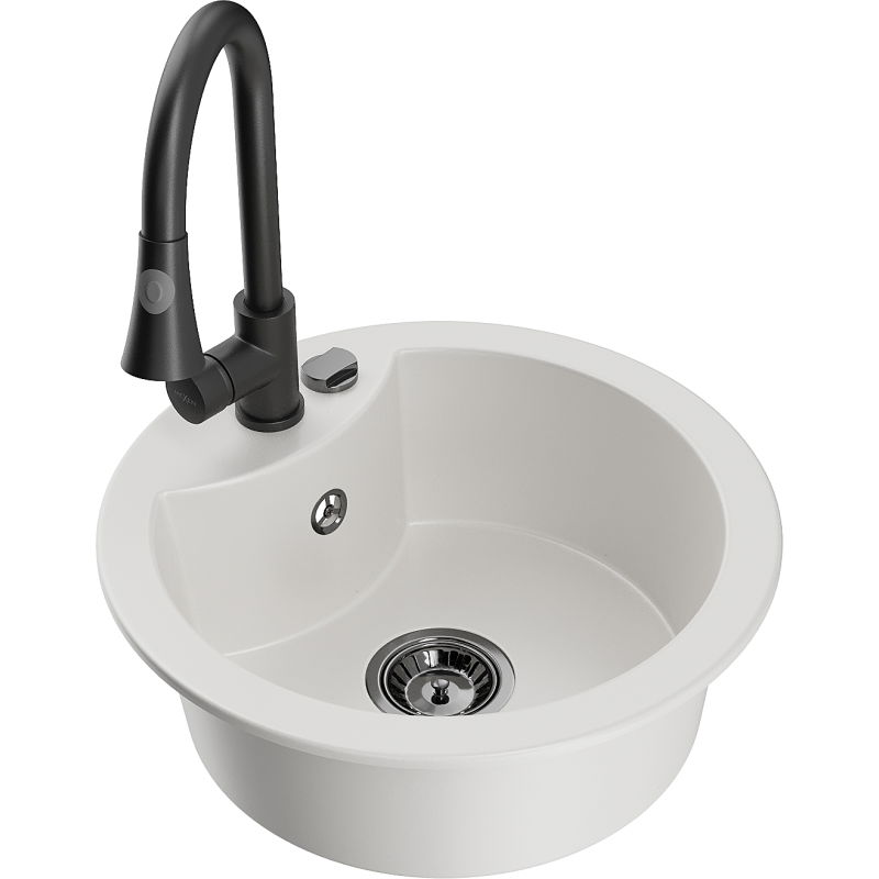 Mexen Diego fregadero de granito de 1 tina con grifo de cocina Elia, blanco - 6512-20-670101-70