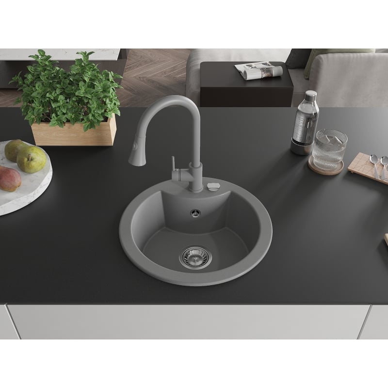 Mexen Diego 1-bowl granite sink with Elia kitchen tap, grey - 6512-71-670101-71