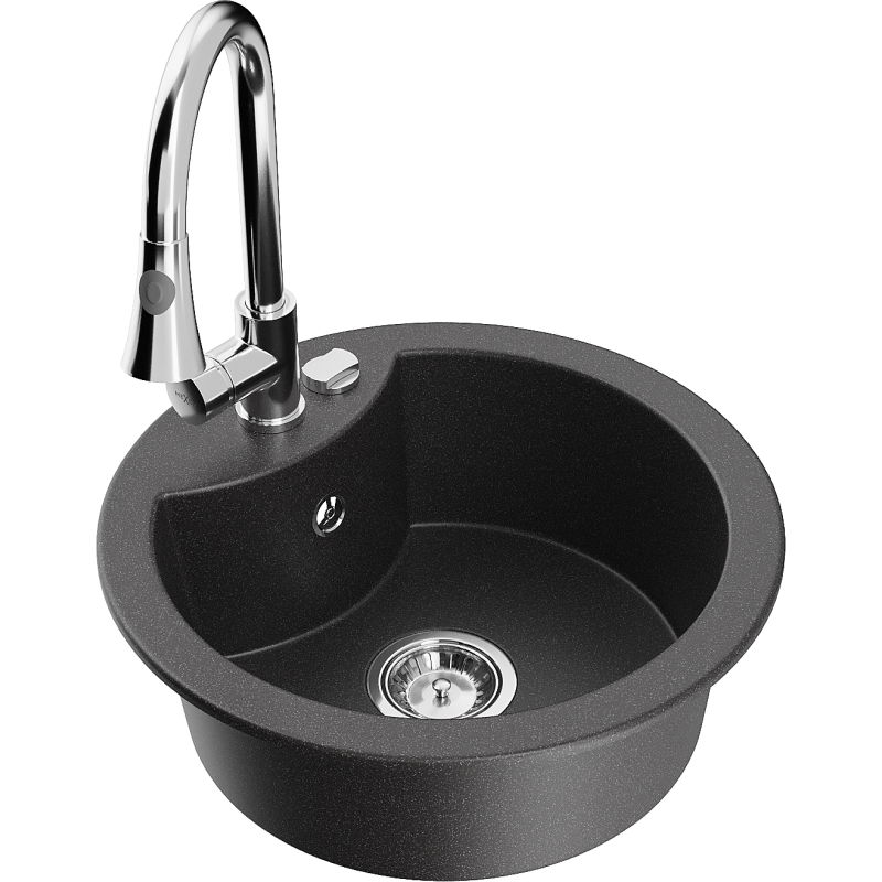 Mexen Diego 1-Bowl Granite Sink with Elia Kitchen Tap, Black Speckled - 6512-76-670101-00