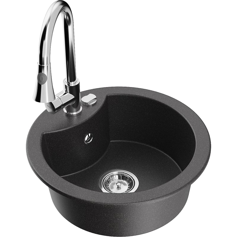 Mexen Diego fregadero de granito de 1 cuenco con grifo de cocina Elia, negro moteado - 6512-76-670101-00