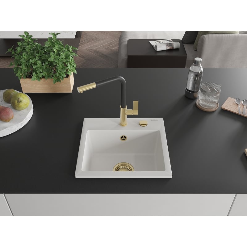 Mexen Milo 1-Komponenten Granitspüle mit Küchenarmatur Flora, weiß - 6505-20-670401-57-G