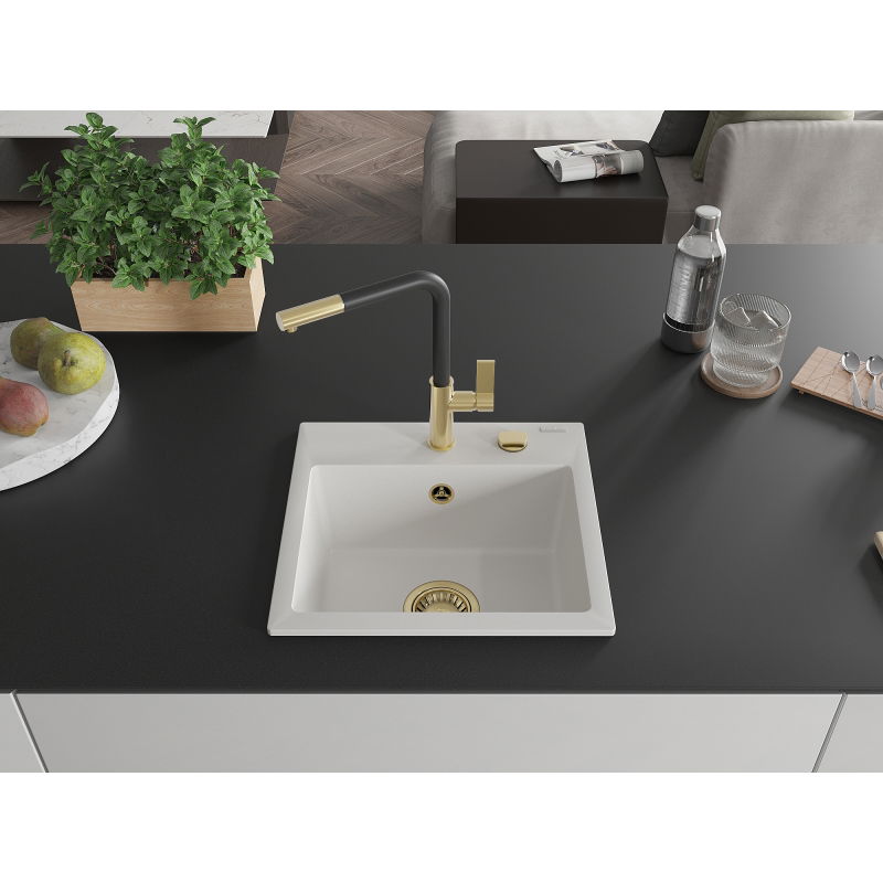 Mexen Milo lavello in granito a 1 vasca con rubinetto da cucina Flora, bianco - 6505-20-670401-57-G