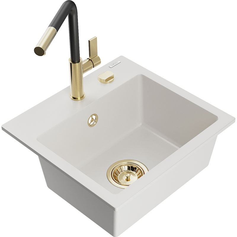 Mexen Milo lavello in granito a 1 vasca con rubinetto da cucina Flora, bianco - 6505-20-670401-57-G