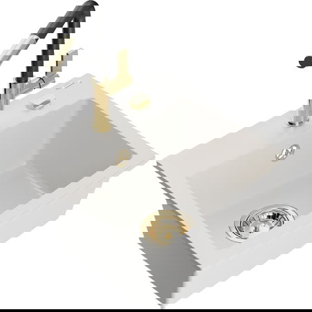 Mexen Milo évier en granit 1 bac avec robinet de cuisine Flora, blanc - 6505-20-670401-57-G