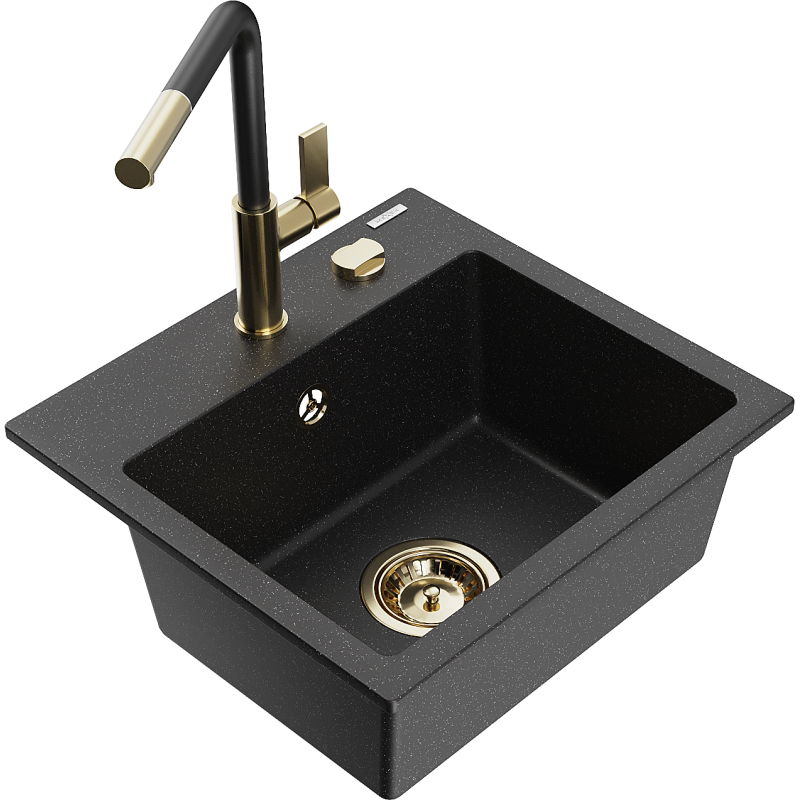 Mexen Milo granite sink 1-bowl with Flora kitchen tap, black/silver metallic - 6505-73-670401-57-G