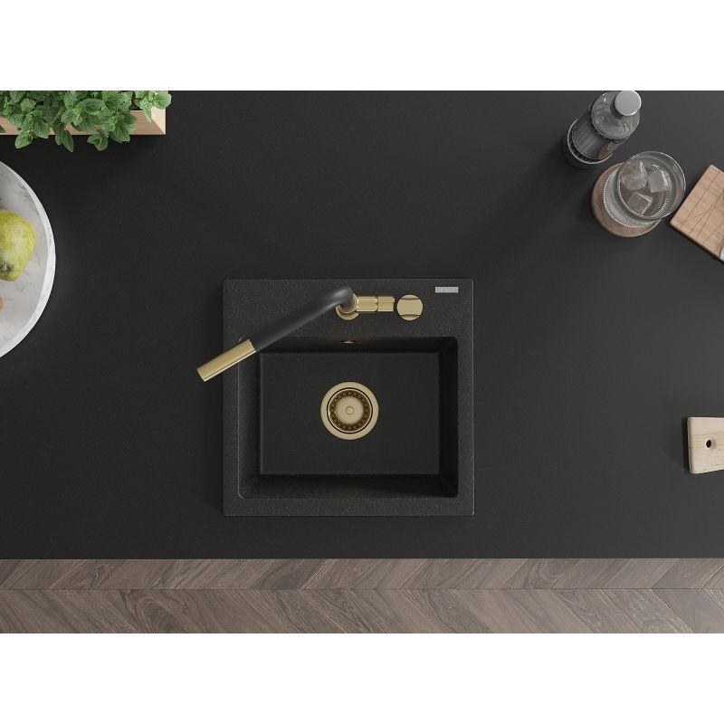 Mexen Milo Granit-Spullsteen mat 1 Schoss mat Kichenkran Flora, schwaarz/sëlwer Metallesche - 6505-73-670401-57-G