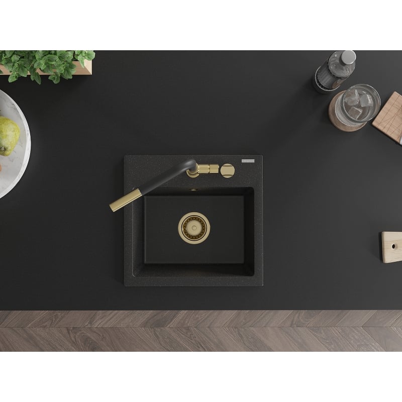 Mexen Milo lava-loiça de granito de 1-cuba com torneira de cozinha Flora, preto/prateado metálico - 6505-73-670401-57-G