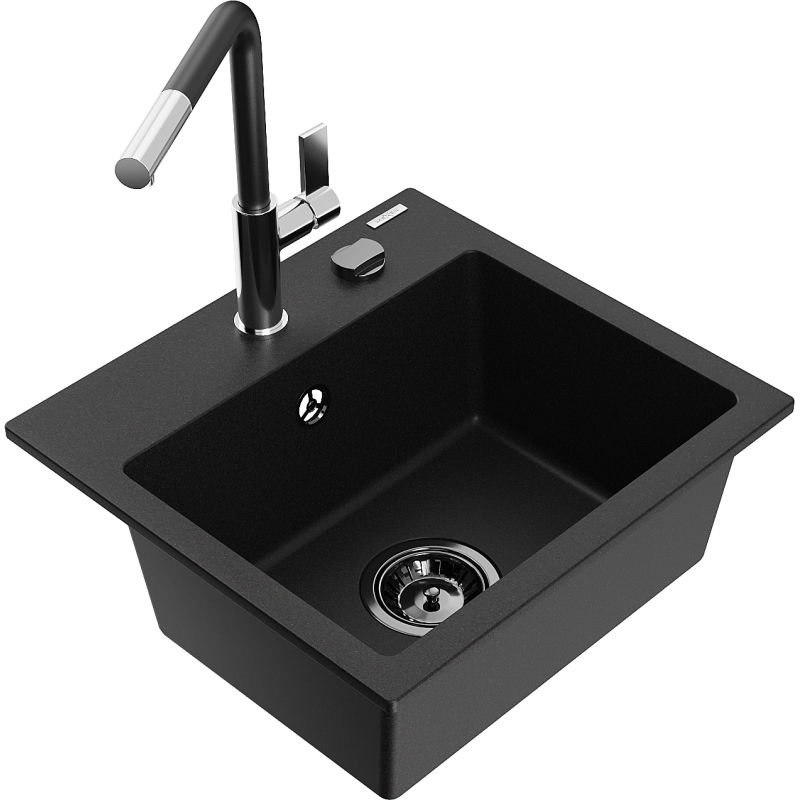 Mexen Milo Granitspüle 1-Becken mit Küchenarmatur Flora, schwarz - 6505-77-670401-07-B