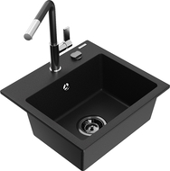 Mexen Milo Granitspüle 1-Becken mit Küchenarmatur Flora, schwarz - 6505-77-670401-07-B