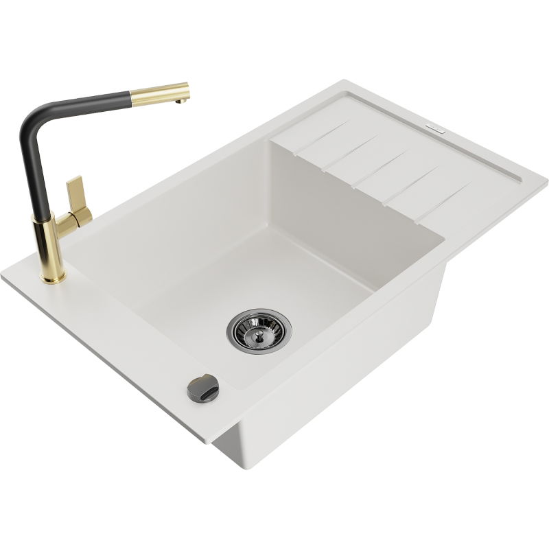 Mexen Elias fregadero de granito de 1 cubeta con escurridor y grifo de cocina Flora, blanco - 6511-20-670401-57-B