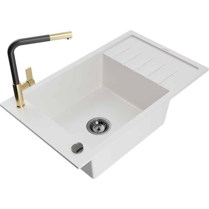 Mexen Elias fregadero de granito de 1 seno con escurridor y grifo de cocina Flora, blanco - 6511-20-670401-57-B