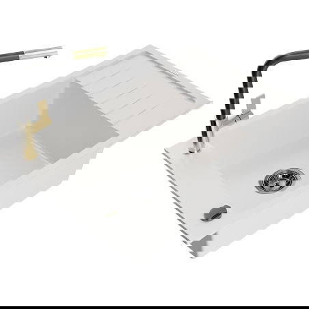 Mexen Elias évier en granit 1 bac avec égouttoir et robinet de cuisine Flora, blanc - 6511-20-670401-57-B