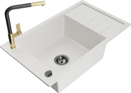 Mexen Elias 1-Bowl Granite Sink with Drainer and Flora Kitchen Tap, White - 6511-20-670401-57-B