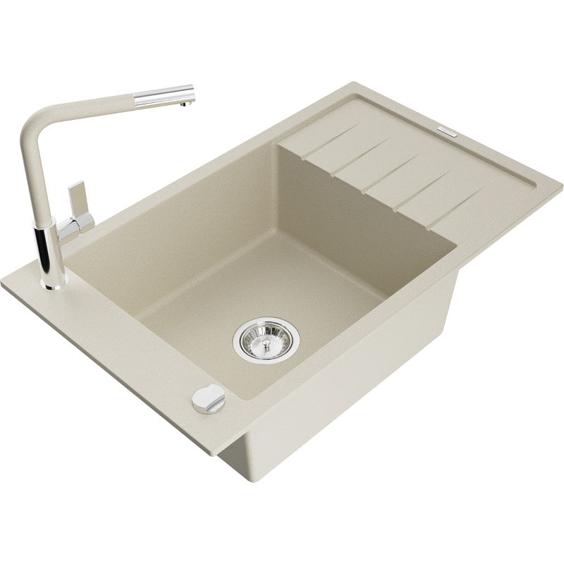 Mexen Elias granieten gootsteen 1-komorige met druiprek en keukenkraan Flora, beige - 6511-69-670401-09
