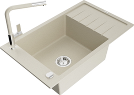 Mexen Elias granite kitchen sink with 1 bowl, drainer, and Flora kitchen faucet, beige - 6511-69-670401-09