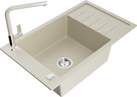 Mexen Elias Granitspüle 1-Becken mit Abtropffläche und Küchenarmatur Flora, beige - 6511-69-670401-09
