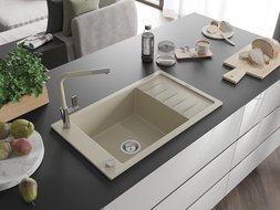 Mexen Elias Granitspüle 1-Becken mit Abtropffläche und Küchenarmatur Flora, beige - 6511-69-670401-09