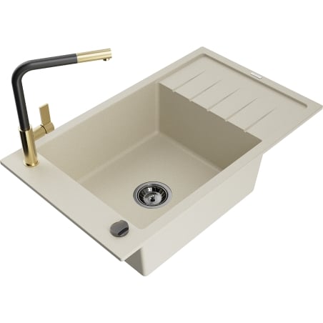 Mexen Elias Granitspüle 1-Becken mit Abtropffläche und Küchenarmatur Flora, beige - 6511-69-670401-57-B