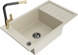Mexen Elias granite sink 1-bowl with drainer and Flora kitchen faucet, beige - 6511-69-670401-57-B