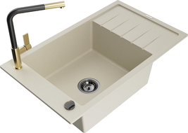 Mexen Elias Granitspüle 1-Becken mit Abtropffläche und Küchenarmatur Flora, beige - 6511-69-670401-57-B