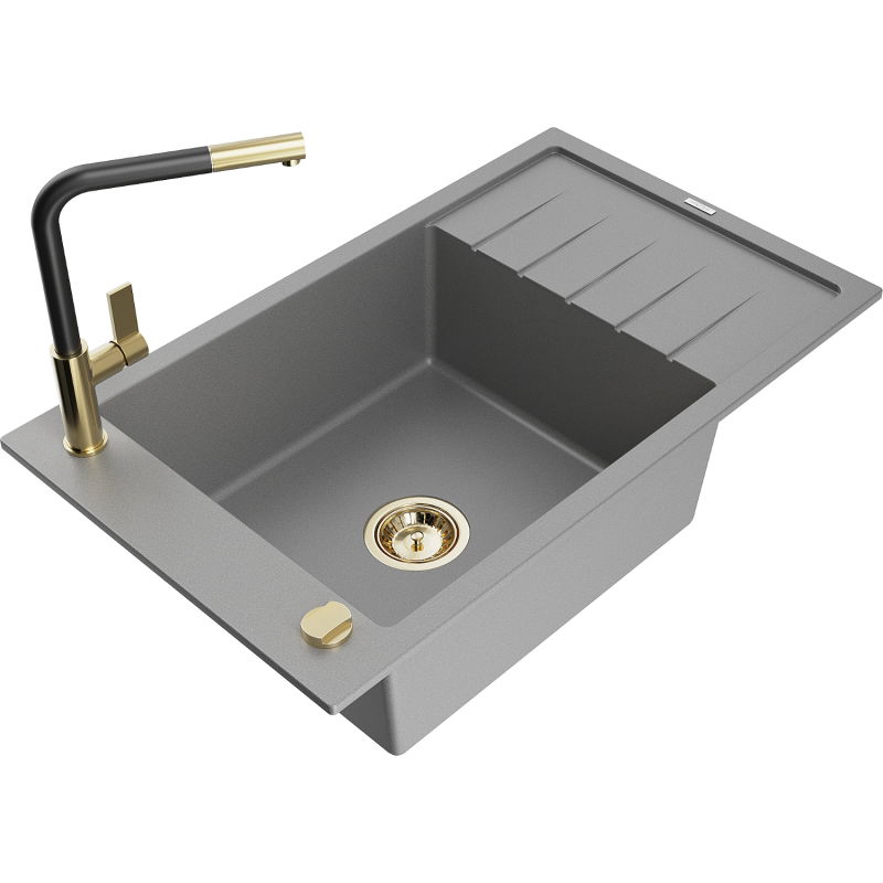 Mexen Elias 1-bowl granite sink with drainer and Flora kitchen tap, grey - 6511-71-670401-57-G